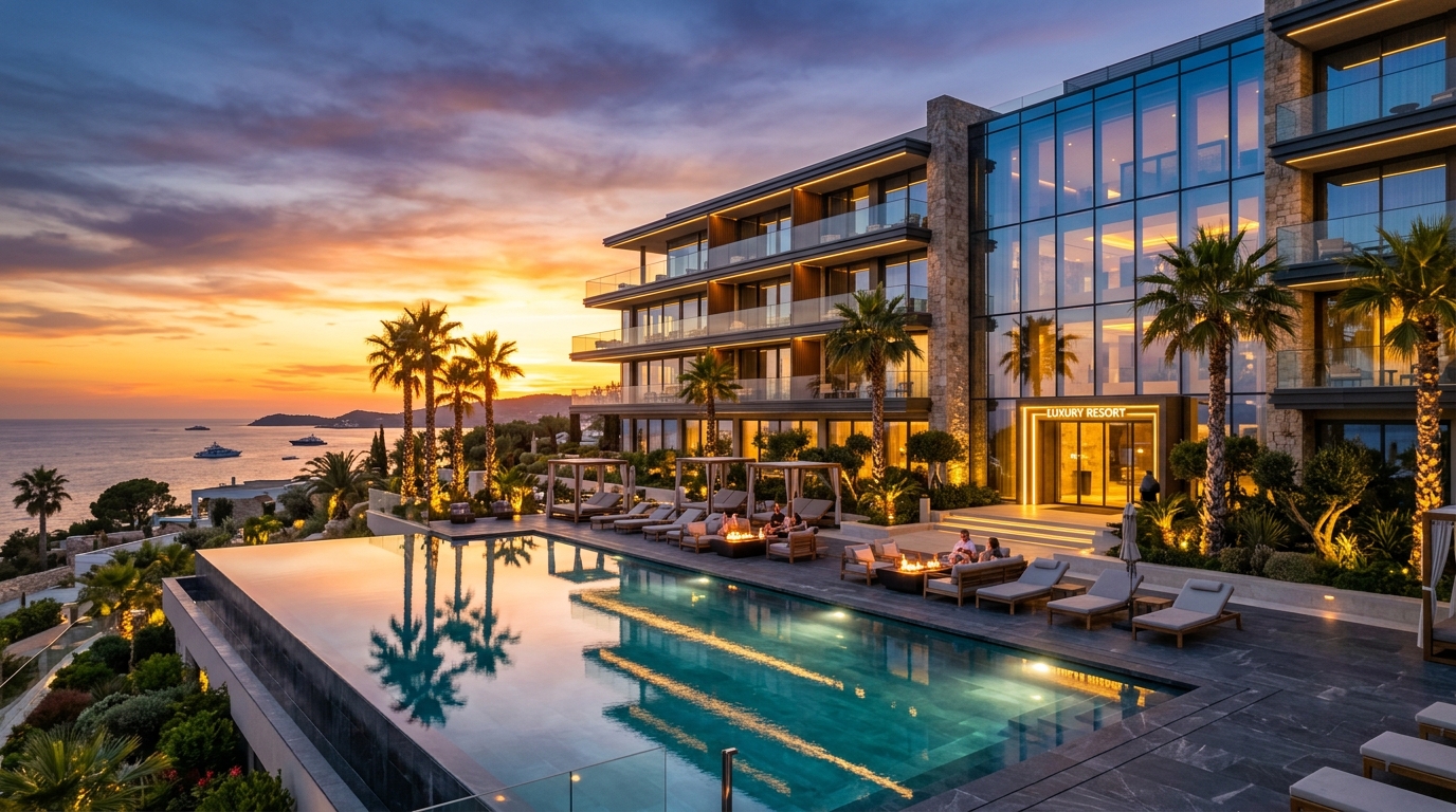 Aurelia Grand luxury resort at sunset with infinity pool