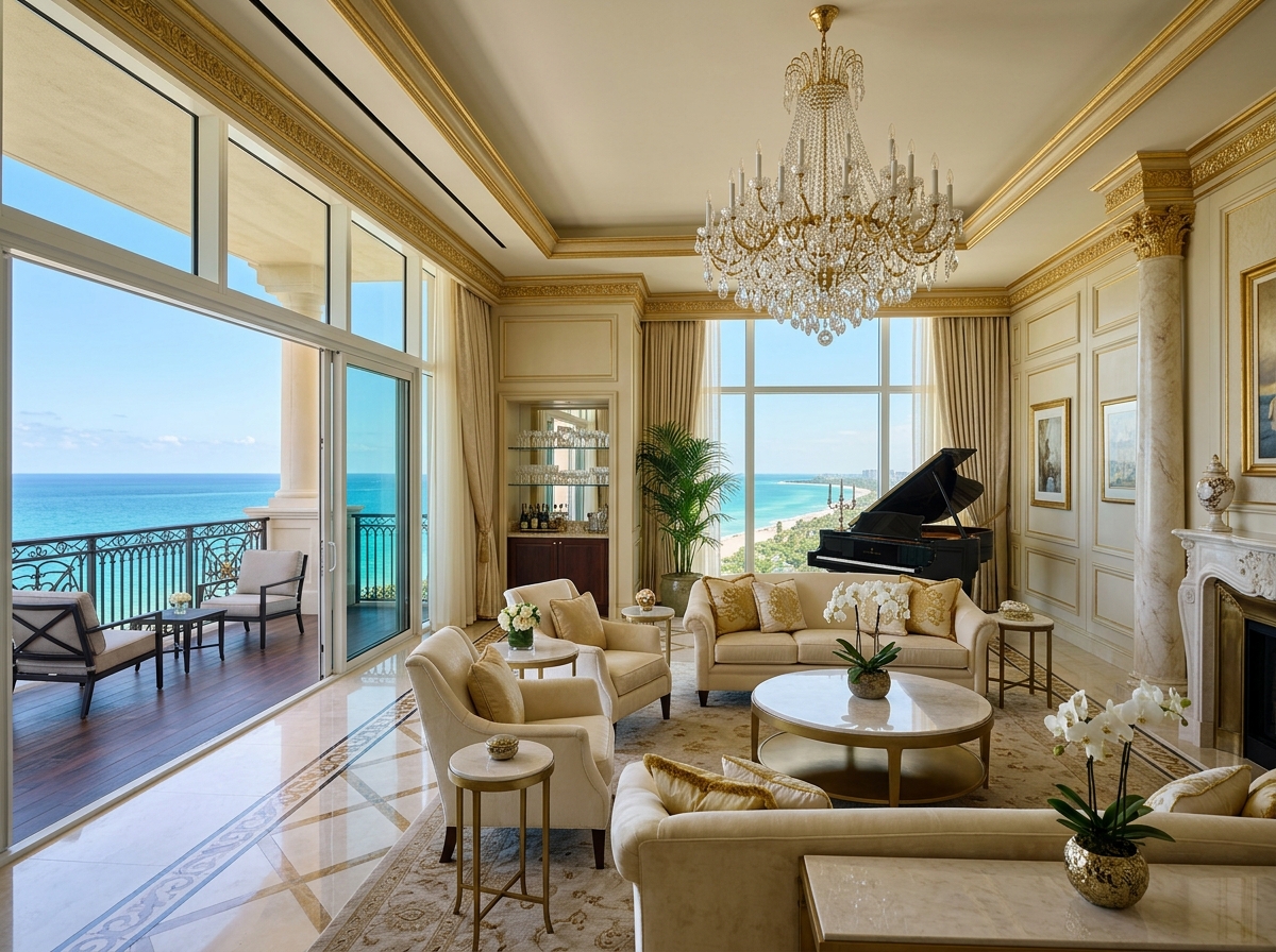 Presidential Suite grand living area with chandelier